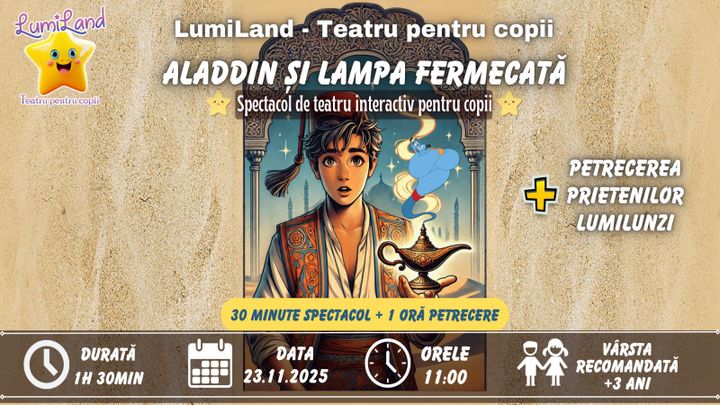 Aladdin și lampa fermecată - Spectacol de teatru interactiv pentru copii + Petrecerea Prietenilor LumiLunzi