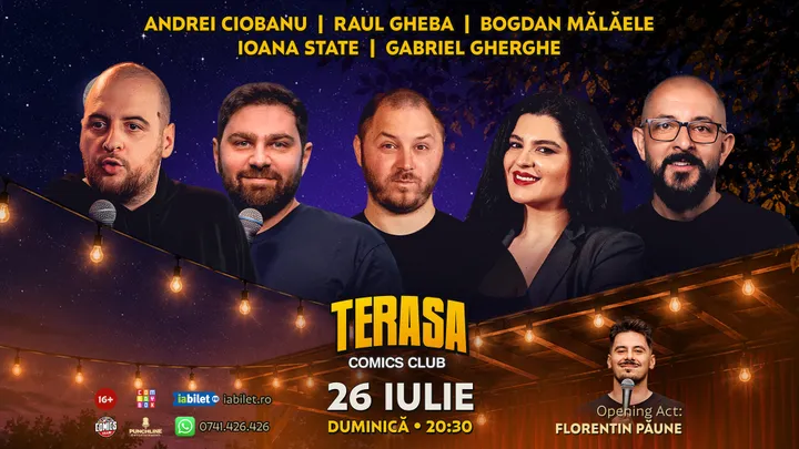 Stand-up cu Andrei Ciobanu, Mălăele, Raul Gheba, Ioana State și Gherghe pe Terasa ComicsClub!