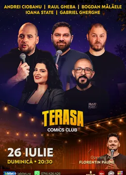 Stand-up cu Andrei Ciobanu, Mălăele, Raul Gheba, Ioana State și Gherghe pe Terasa ComicsClub!