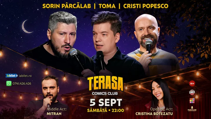 Stand-up cu Cristi Popesco, Toma, Sorin Pârcălab și Mitran pe Terasa ComicsClub!