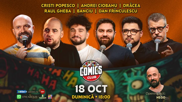 Stand-up cu Cristi Popesco, Drăcea, Raul Gheba, Andrei Ciobanu, Banciu și Frînculescu la ComicsClub!