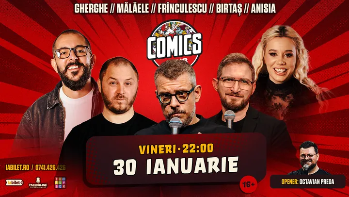 Stand-up cu Frinculescu, Mălăele, Dan Birtas, Anisia și Gherghe la ComicsClub!