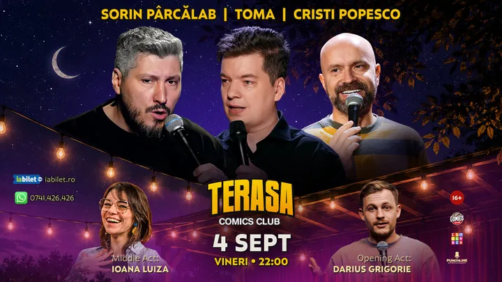 Stand-up cu Cristi Popesco, Toma, Sorin Pârcălab și Ioana Luiza pe Terasa ComicsClub!
