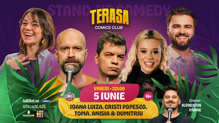 Stand-up cu Cristi Popesco, Toma, Anisia, Ioana Luiza și Gabriel Dumitriu pe Terasa ComicsClub!