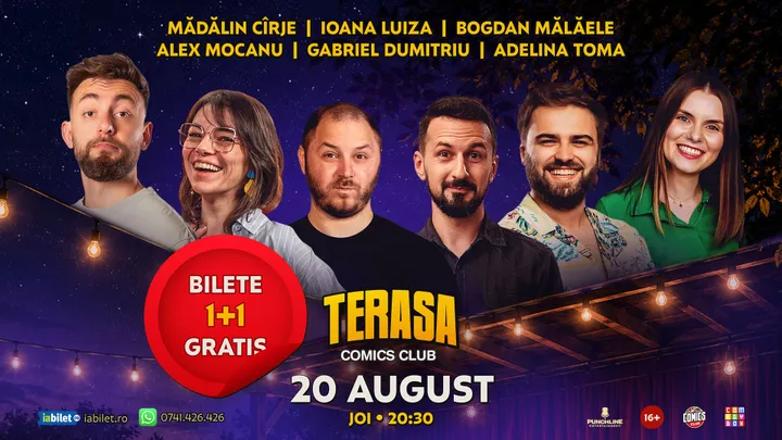 Stand-up cu Alex Mocanu, Mălăele, Cîrje, Ioana Luiza, Gabriel Dumitriu și Adelina Toma pe Terasa ComicsClub!