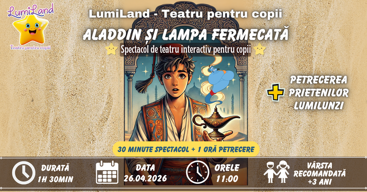 Lumi Land: Aladdin si Lampa Fermecata - Spectacol de teatru interactiv pentru copii + Petrecerea Prietenilor LumiLunzi