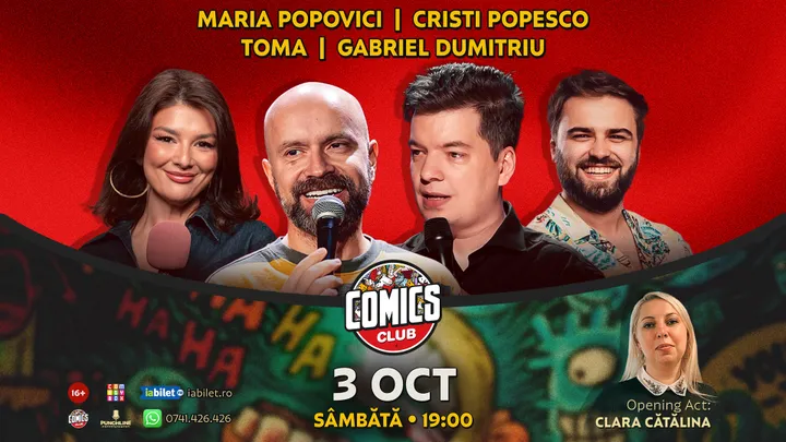 Stand-up cu Toma, Cristi Popesco, Maria Popovici și Gabriel Dumitriu la ComicsClub!