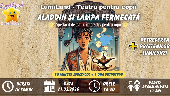 Aladdin si Lampa Fermecata - Spectacol de teatru interactiv pentru copii + Petrecerea Prietenilor LumiLunzi