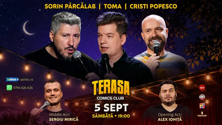 Stand-up cu Cristi Popesco, Toma, Sorin Pârcălab și Mirică pe Terasa ComicsClub!
