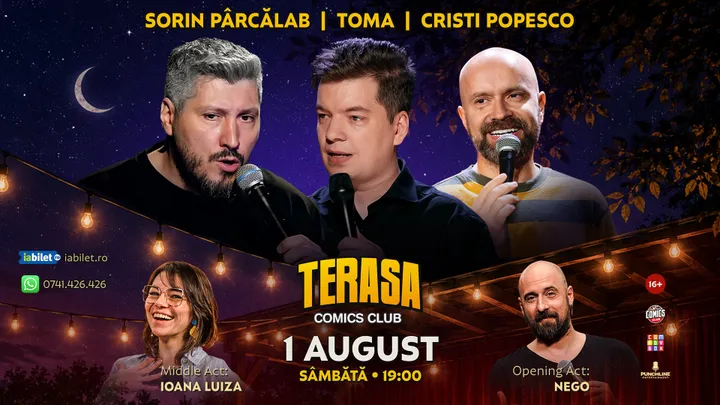Stand-up cu Cristi Popesco, Toma, Sorin Pârcălab și Ioana Luiza pe Terasa ComicsClub!